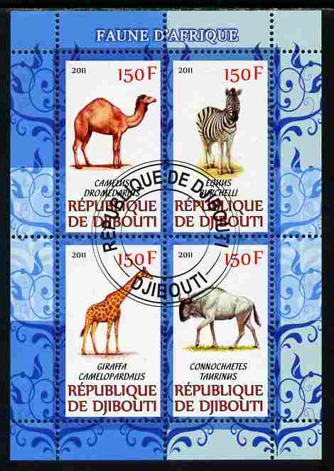 Djibouti 2011 African Fauna - Camels, Zebra & Giraffe perf sheetlet containing 4 values cto used, stamps on animals, stamps on camels, stamps on zebras, stamps on giraffes, stamps on bovine