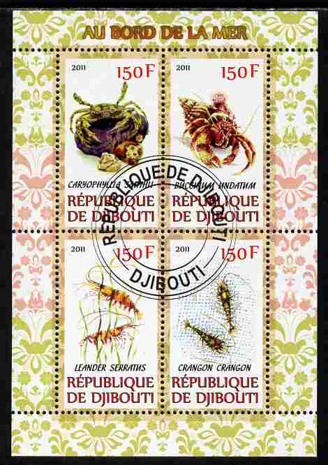 Djibouti 2011 Fauna of the Sea Shore perf sheetlet containing 4 values cto used, stamps on animals, stamps on marine life, stamps on crabs, stamps on prawns