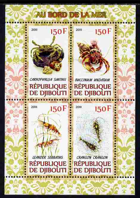 Djibouti 2011 Fauna of the Sea Shore perf sheetlet containing 4 values unmounted mint, stamps on animals, stamps on marine life, stamps on crabs, stamps on prawns