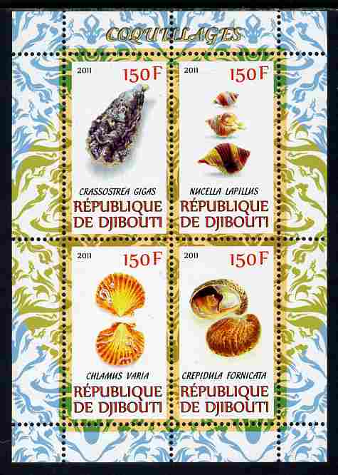 Djibouti 2011 Shells #1 perf sheetlet containing 4 values unmounted mint, stamps on animals, stamps on marine life, stamps on shells