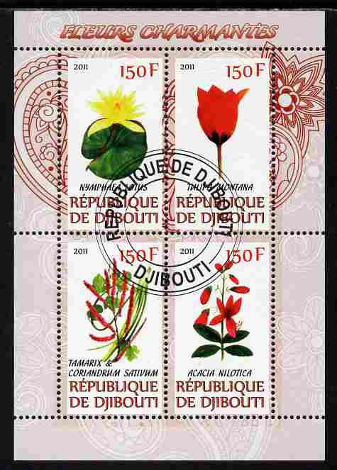 Djibouti 2011 Beautiful Flowers #1 perf sheetlet containing 4 values cto used, stamps on flowers