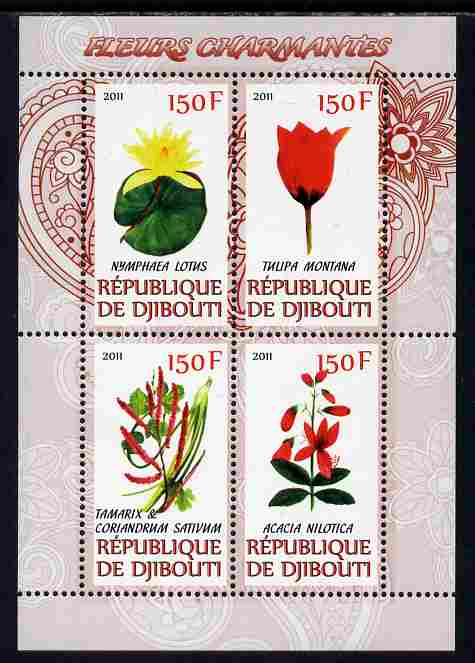 Djibouti 2011 Beautiful Flowers #1 perf sheetlet containing 4 values unmounted mint, stamps on flowers