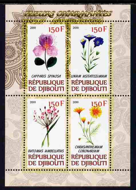 Djibouti 2011 Beautiful Flowers #2 perf sheetlet containing 4 values unmounted mint, stamps on flowers