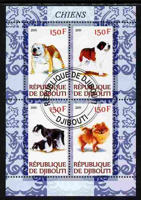 Djibouti 2011 Dogs perf sheetlet containing 4 values cto used, stamps on , stamps on  stamps on dogs