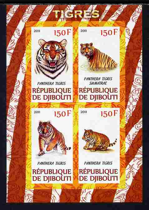 Djibouti 2011 Tigers imperf sheetlet containing 4 values unmounted mint, stamps on animals, stamps on cats, stamps on tigers