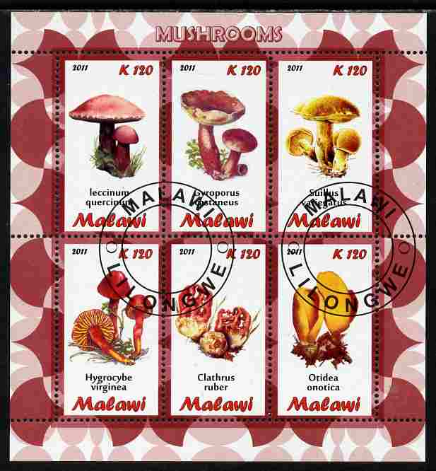 Malawi 2011 Mushrooms perf sheetlet containing 6 values cto used, stamps on fungi