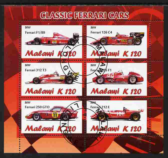 Malawi 2011 Classic Ferrari perf sheetlet containing 6 values cto used, stamps on cars, stamps on ferrari