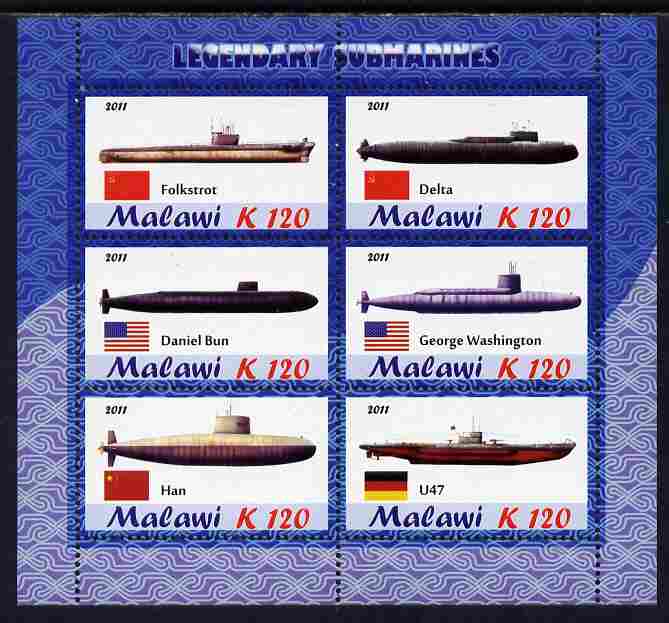 Malawi 2011 Famous Submarines perf sheetlet containing 6 values unmounted mint, stamps on ships, stamps on submarines