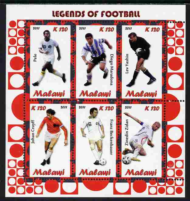 Malawi 2011 Legends of Football perf sheetlet containing 6 values unmounted mint, stamps on personalities, stamps on football