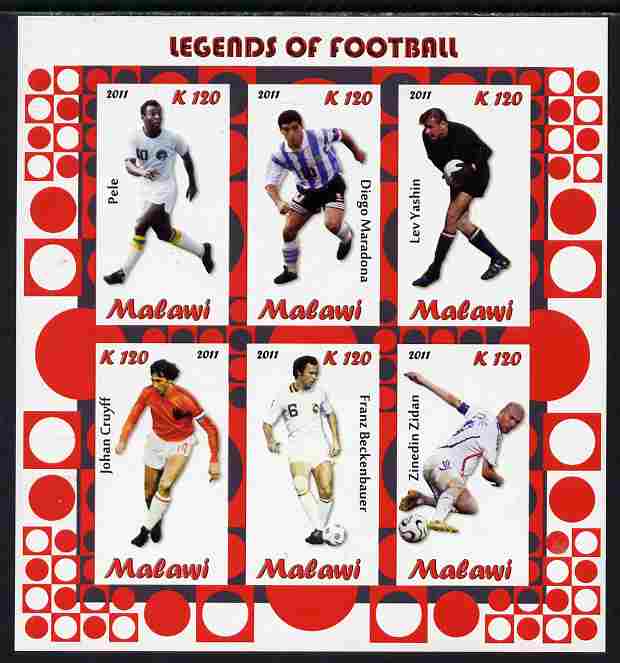 Malawi 2011 Legends of Football imperf sheetlet containing 6 values unmounted mint, stamps on personalities, stamps on football