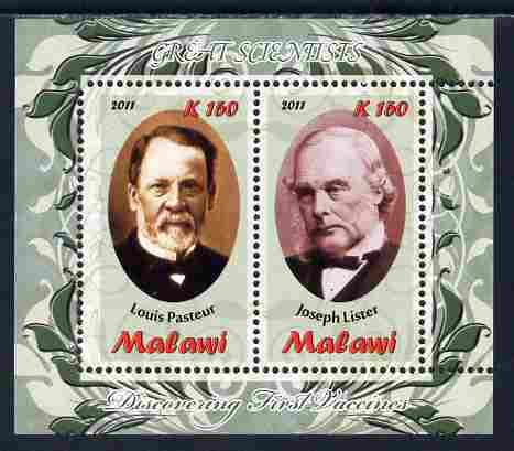 Malawi 2011 Scientists - Pasteur & Lister perf sheetlet containing 2 values unmounted mint, stamps on personalities, stamps on science, stamps on medical