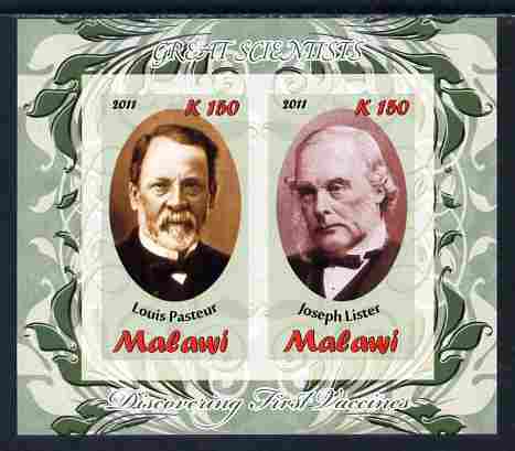 Malawi 2011 Scientists - Pasteur & Lister imperf sheetlet containing 2 values unmounted mint, stamps on personalities, stamps on science, stamps on medical