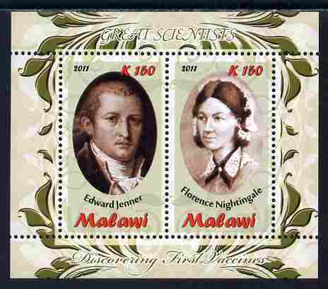Malawi 2011 Scientists - Nightingale & Jenner perf sheetlet containing 2 values unmounted mint, stamps on personalities, stamps on science, stamps on medical, stamps on nurses, stamps on nursing