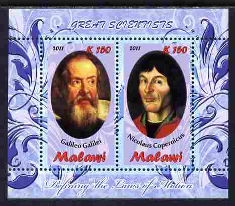 Malawi 2011 Scientists - Galilei & Copernicus perf sheetlet containing 2 values unmounted mint, stamps on personalities, stamps on science, stamps on physics, stamps on astronomy, stamps on copernicus