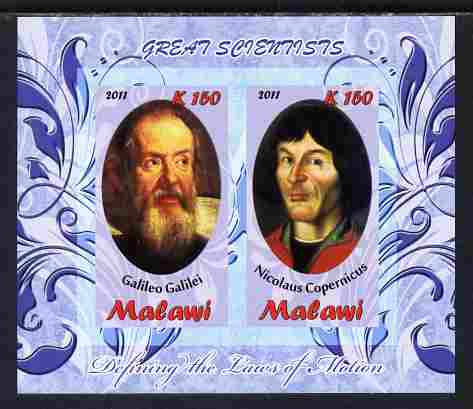 Malawi 2011 Scientists - Galilei & Copernicus imperf sheetlet containing 2 values unmounted mint, stamps on personalities, stamps on science, stamps on physics, stamps on astronomy, stamps on copernicus