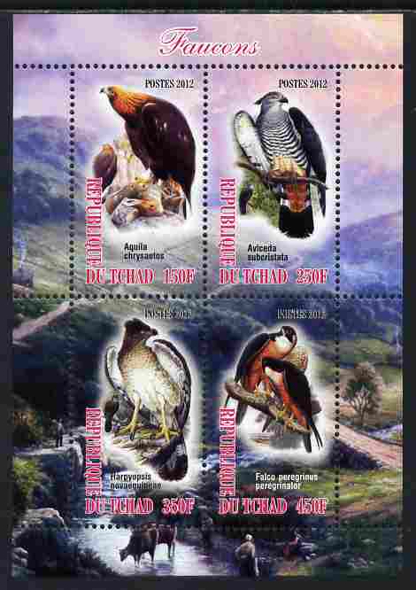 Chad 2012 Falcons perf sheetlet containing 4 values unmounted mint, stamps on , stamps on  stamps on birds, stamps on  stamps on birds of prey, stamps on  stamps on falcons
