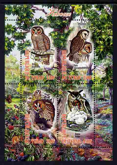 Chad 2012 Owls perf sheetlet containing 4 values unmounted mint, stamps on birds, stamps on birds of prey, stamps on owls