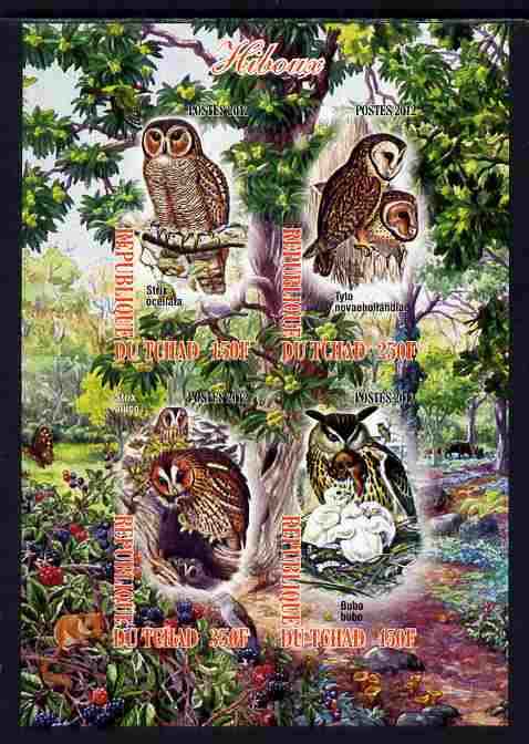 Chad 2012 Owls imperf sheetlet containing 4 values unmounted mint, stamps on birds, stamps on birds of prey, stamps on owls