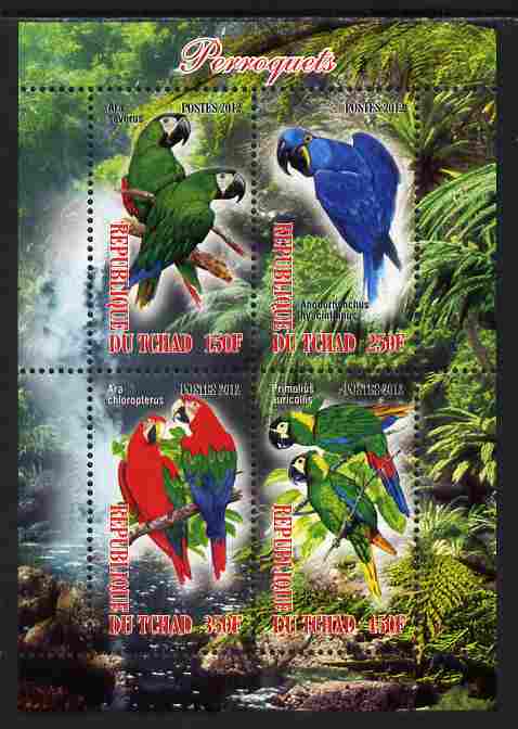 Chad 2012 Parrots perf sheetlet containing 4 values unmounted mint, stamps on birds, stamps on parrots