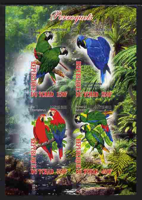 Chad 2012 Parrots imperf sheetlet containing 4 values unmounted mint, stamps on birds, stamps on parrots