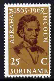 Surinam 1965 Death Centenary of Abraham Lincoln 25c unmounted mint, SG 548, stamps on personalities, stamps on lincoln, stamps on constitutions, stamps on usa presidents, stamps on americana, stamps on slavery, stamps on racism, stamps on theatres