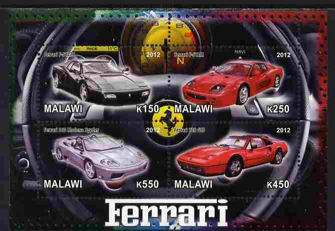 Malawi 2012 Ferrari Cars #01 perf sheetlet containing 4 values unmounted mint, stamps on cars, stamps on ferrari