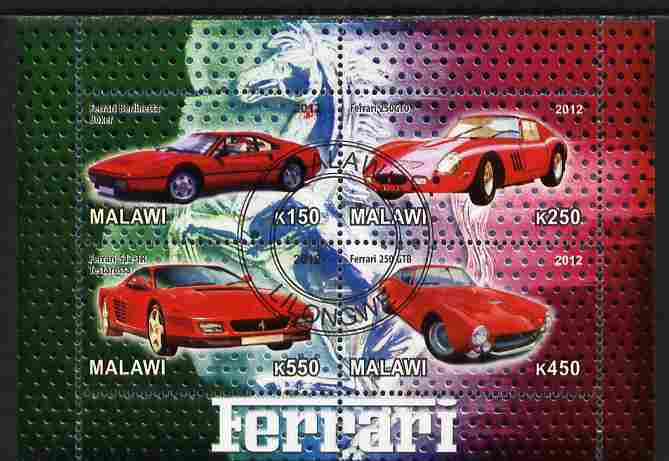 Malawi 2012 Ferrari Cars #02 perf sheetlet containing 4 values cto used, stamps on cars, stamps on ferrari