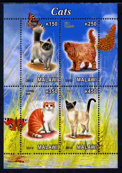 Malawi 2012 Domestic Cats perf sheetlet containing 4 values unmounted mint, stamps on cats