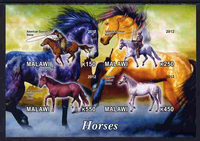 Malawi 2012 Horses #1 imperf sheetlet containing 4 values unmounted mint, stamps on horses, stamps on wild west