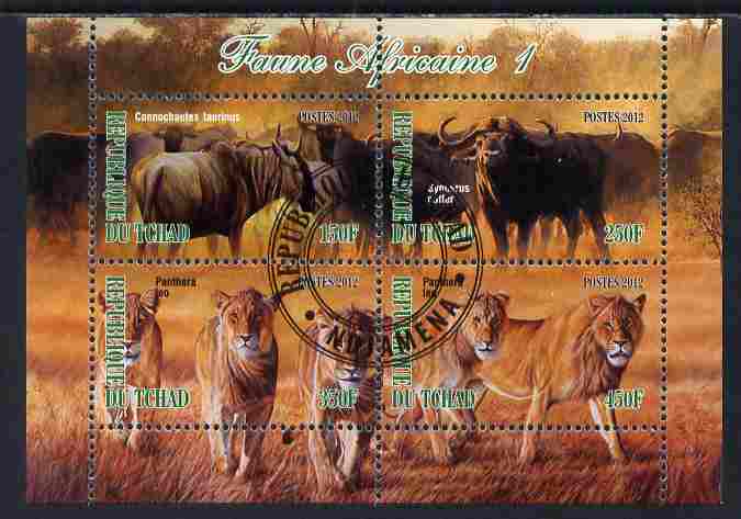 Chad 2012 African Fauna #01 perf sheetlet containing 4 values cto used, stamps on animals, stamps on cats, stamps on lions, stamps on buffalo, stamps on bison, stamps on bovine