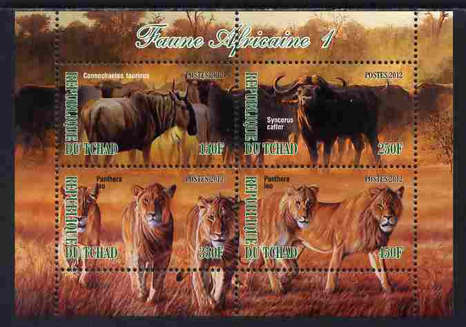 Chad 2012 African Fauna #01 perf sheetlet containing 4 values unmounted mint, stamps on , stamps on  stamps on animals, stamps on  stamps on cats, stamps on  stamps on lions, stamps on  stamps on buffalo, stamps on  stamps on bison, stamps on  stamps on bovine