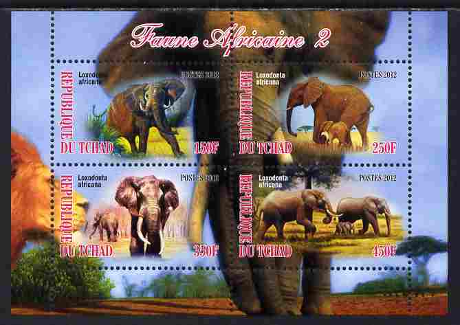 Chad 2012 African Fauna #02 perf sheetlet containing 4 values unmounted mint, stamps on animals, stamps on elephants