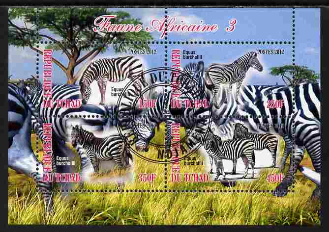 Chad 2012 African Fauna #03 perf sheetlet containing 4 values cto used, stamps on animals, stamps on zebra