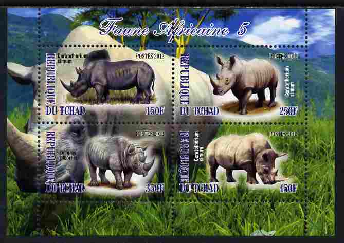 Chad 2012 African Fauna #05 perf sheetlet containing 4 values unmounted mint, stamps on animals, stamps on rhinos