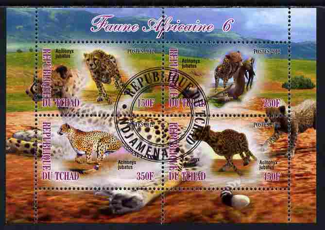 Chad 2012 African Fauna #06 perf sheetlet containing 4 values cto used, stamps on animals, stamps on cats, stamps on lions, stamps on cheetahs