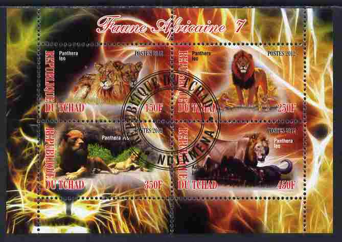 Chad 2012 African Fauna #07 perf sheetlet containing 4 values cto used, stamps on animals, stamps on cats, stamps on lions, stamps on 