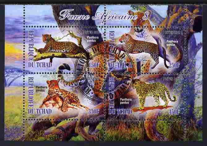 Chad 2012 African Fauna #08 perf sheetlet containing 4 values cto used, stamps on animals, stamps on cats, stamps on leopards