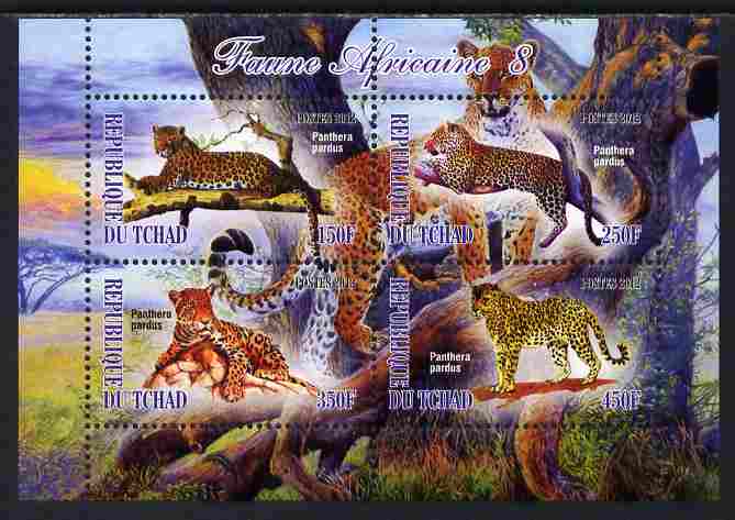 Chad 2012 African Fauna #08 perf sheetlet containing 4 values unmounted mint, stamps on , stamps on  stamps on animals, stamps on  stamps on cats, stamps on  stamps on leopards