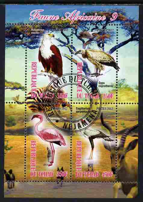Chad 2012 African Fauna #09 perf sheetlet containing 4 values cto used, stamps on animals, stamps on birds, stamps on eagles, stamps on birds of prey, stamps on flamingos