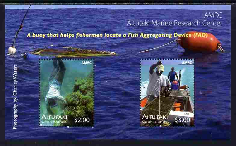 Cook Islands - Aitutaki 2011 Marine Research Centre perf m/sheet containing 2 values unmounted mint , stamps on fishing, stamps on shells, stamps on marine life, stamps on scuba