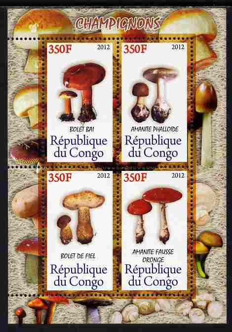 Congo 2012 Mushrooms perf sheetlet containing 4 values unmounted mint , stamps on fungi