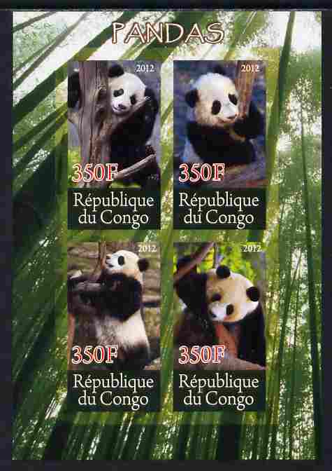 Congo 2012 Pandas imperf sheetlet containing 4 values unmounted mint , stamps on animals, stamps on bears, stamps on pandas