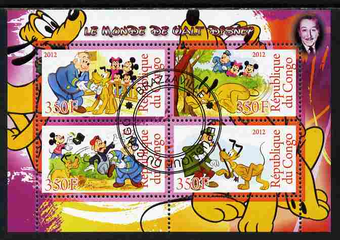 Congo 2012 Disney Cartoons #1 perf sheetlet containing 4 values cto used , stamps on disney, stamps on cartoons, stamps on films, stamps on cinema, stamps on movies