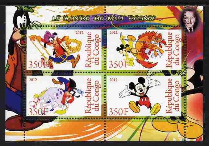Congo 2012 Disney Cartoons #2 perf sheetlet containing 4 values unmounted mint , stamps on disney, stamps on cartoons, stamps on films, stamps on cinema, stamps on movies
