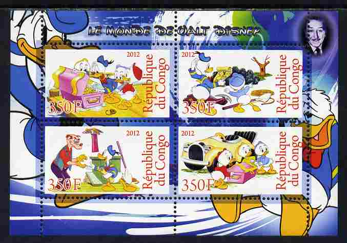 Congo 2012 Disney Cartoons #3 perf sheetlet containing 4 values unmounted mint , stamps on disney, stamps on cartoons, stamps on films, stamps on cinema, stamps on movies