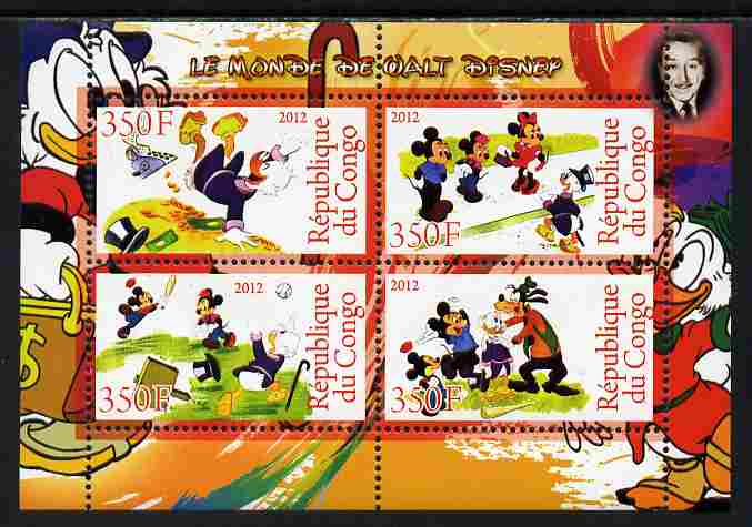 Congo 2012 Disney Cartoons #4 perf sheetlet containing 4 values unmounted mint , stamps on disney, stamps on cartoons, stamps on films, stamps on cinema, stamps on movies