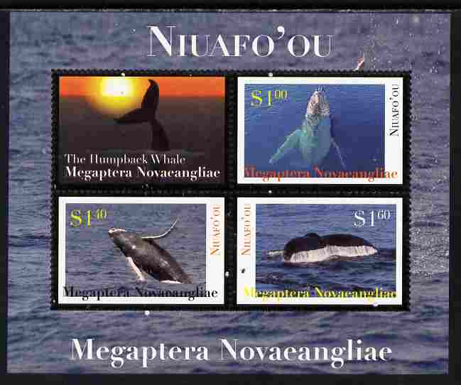 Tonga - Niuafo'ou 2011 Whales #1 perf sheetlet containing 3 values plus label unmounted mint , stamps on whales, stamps on marine life