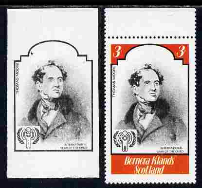 Bernera 1979 Int Year of the Child - Writers - Thomas Moore 3p imperf proof in black only complete with perf label as issued both unmounted mint, stamps on personalities, stamps on literature, stamps on moore, stamps on  iyc , stamps on 