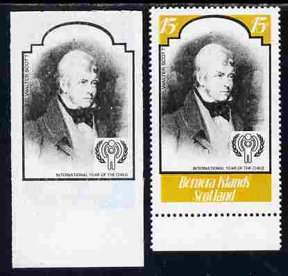 Bernera 1979 Int Year of the Child - Writers - Sir Walter Scott 15p imperf proof in black only complete with perf label as issued both unmounted mint, stamps on personalities, stamps on literature, stamps on scott, stamps on  iyc , stamps on 