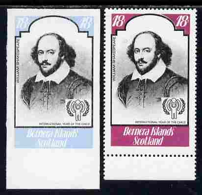 Bernera 1979 Int Year of the Child - Writers - William Shakespeare 18p imperf proof in blue & black only complete with perf label as issued both unmounted mint, stamps on personalities, stamps on literature, stamps on shakespeare, stamps on  iyc , stamps on 
